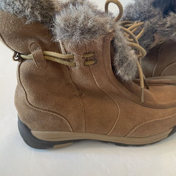 Lands' End Brown Suede Leather Faux Fur Winter Ankle Boots Womens 7.5B Moccasin - Picture 11 of 13
